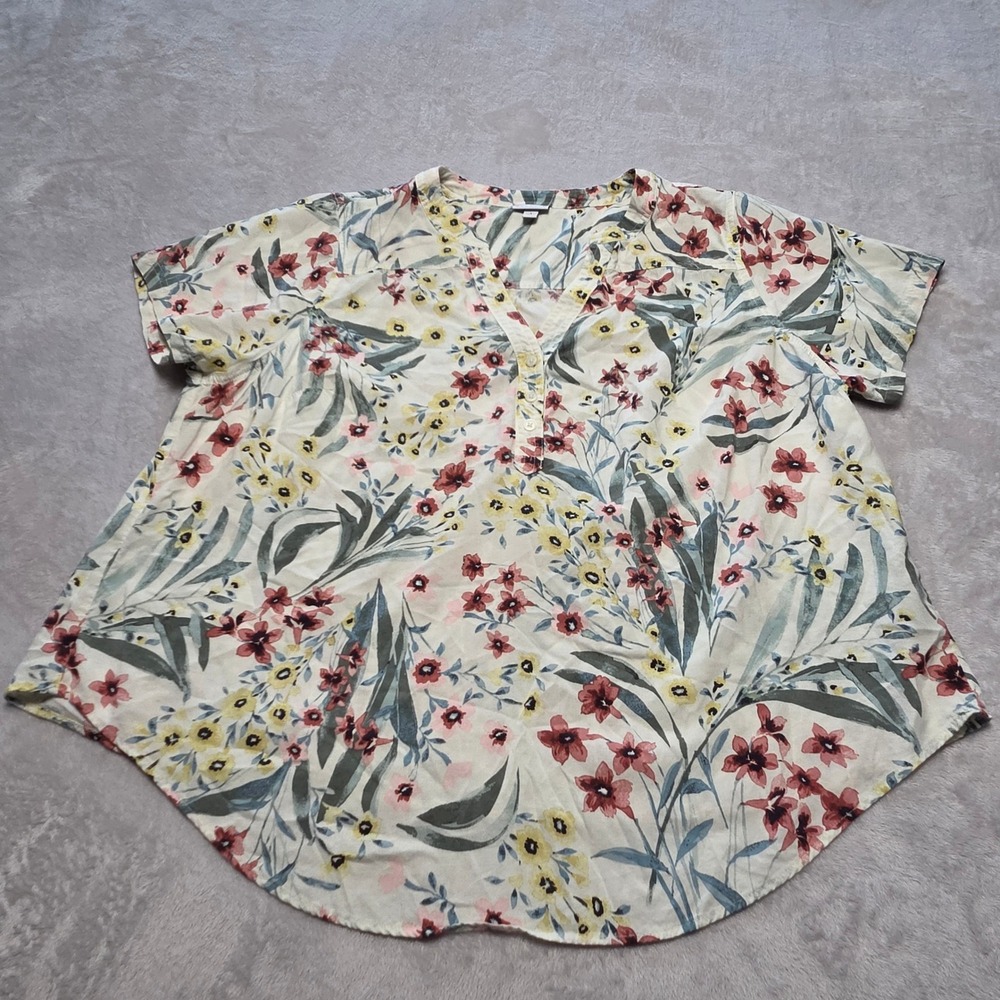 Torrid Floral V-Neck Short Sleeve Popover Blouse Cream Yellow Red Plus Size 1